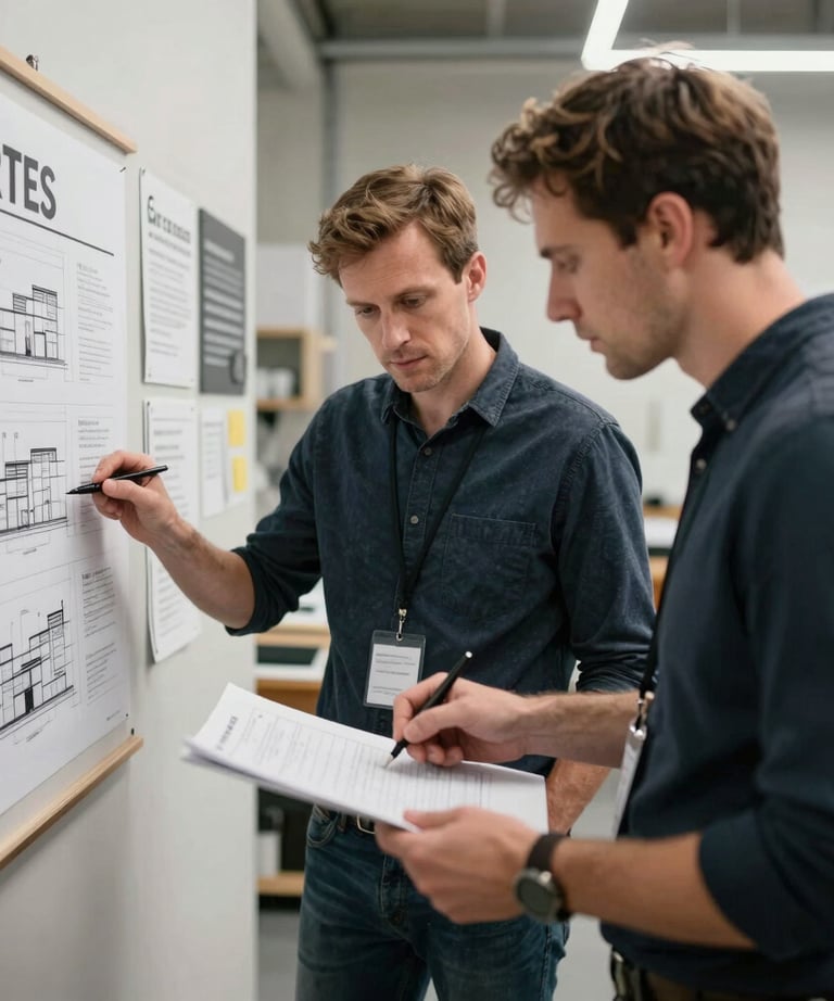 A candid photograph of two professionals in a high-end workshop environment, reviewing architectural plans and brand boards. The atmosphere is focused and collaborative.