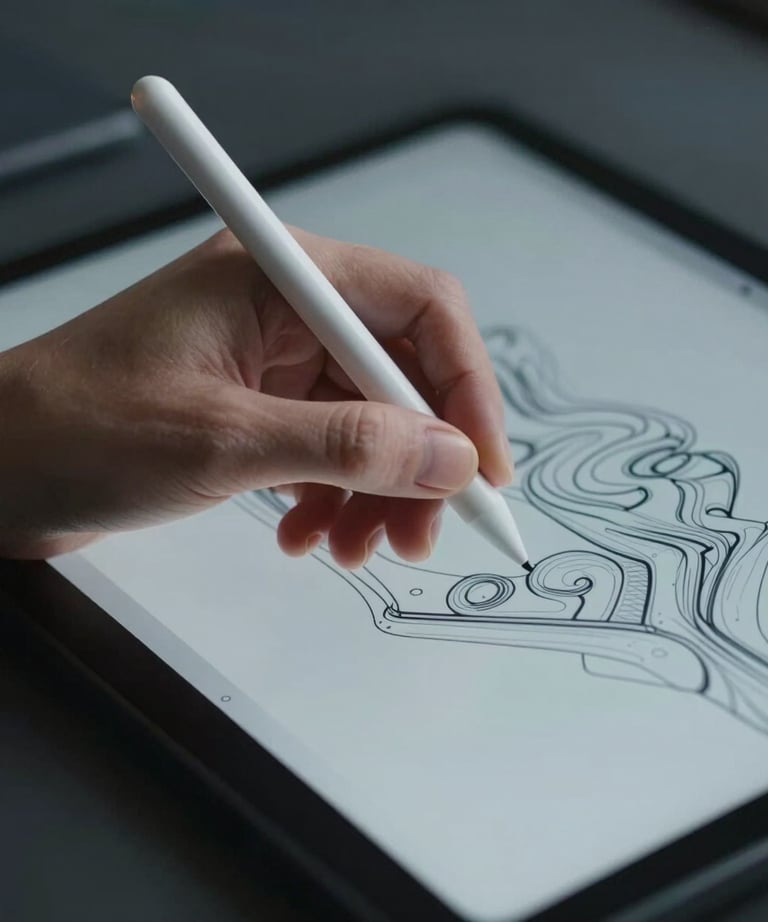 A close-up of a designer's hands using a stylus on a professional tablet, with a focus on the fine details of a digital prototype. The lighting is cool and professional.