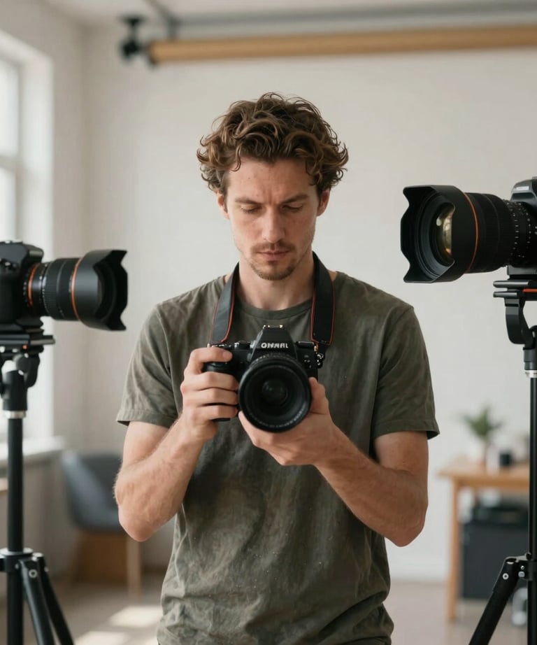 A creative studio portrait of a man with a professional camera, surrounded by high-end photography equipment. Soft, natural light.