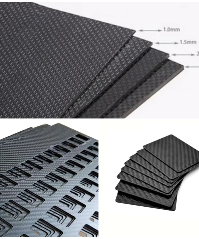 Durable carbon fiber sheets showing various thicknesses from 1.0mm to 2.5mm and custom CNC cut patterns.