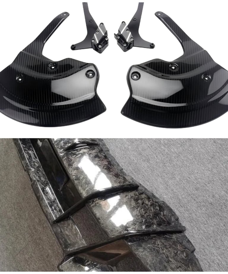 Carbon fiber motorcycle brake cooling ducts and forged carbon fiber body fairing parts for performance racing.