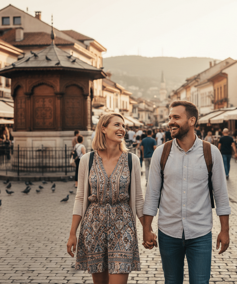 a man and woman holding hands and walking in Sarajevo, Bosnia