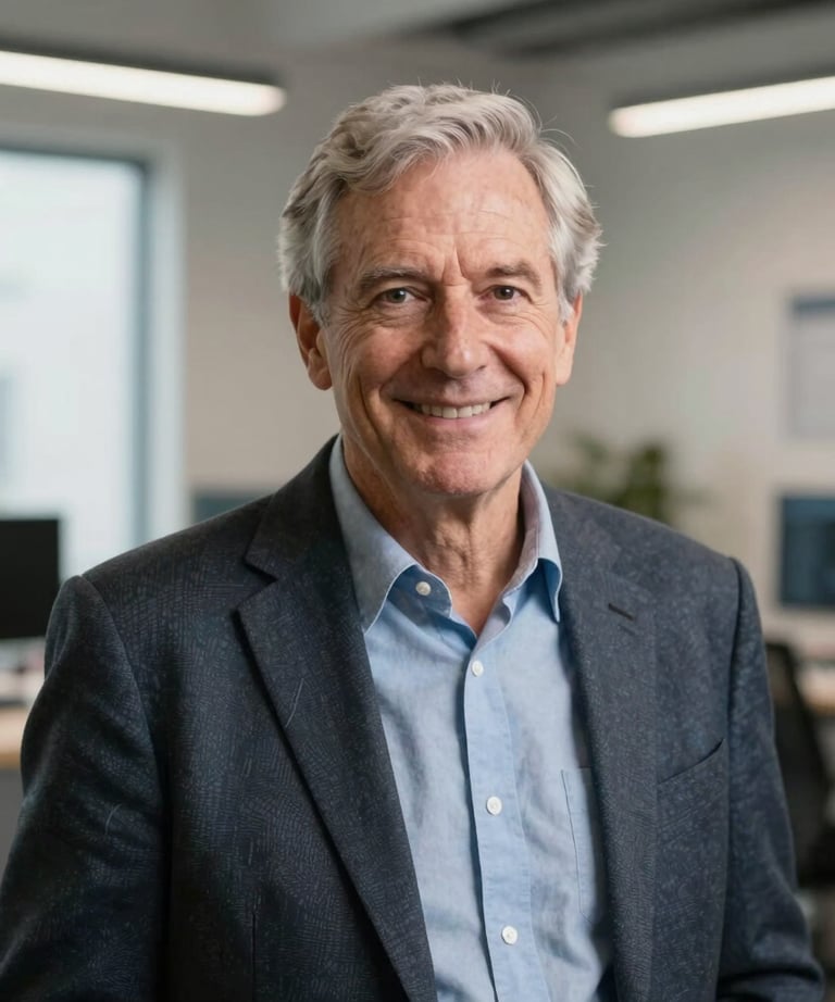 Portrait of a senior developer in a bright North American / US studio space. The lighting is soft and professional, highlighting a sophisticated and approachable brand vibe.