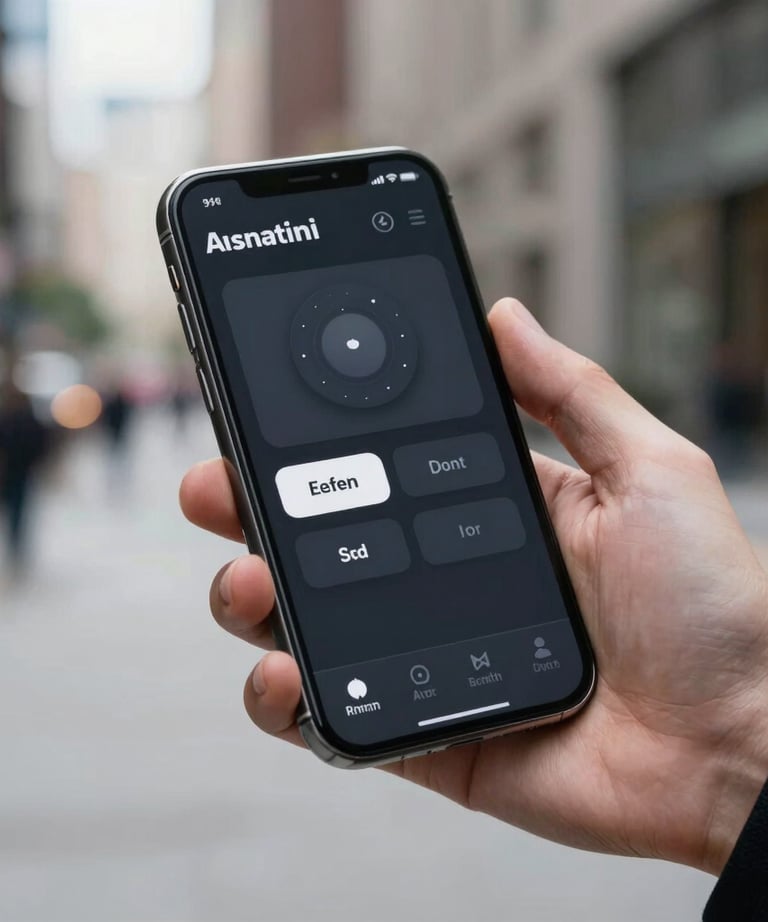 Photography of a modern smartphone showing an app with a clean, dark-themed user interface. The phone is held by a person in professional attire in a North American / US urban environment.