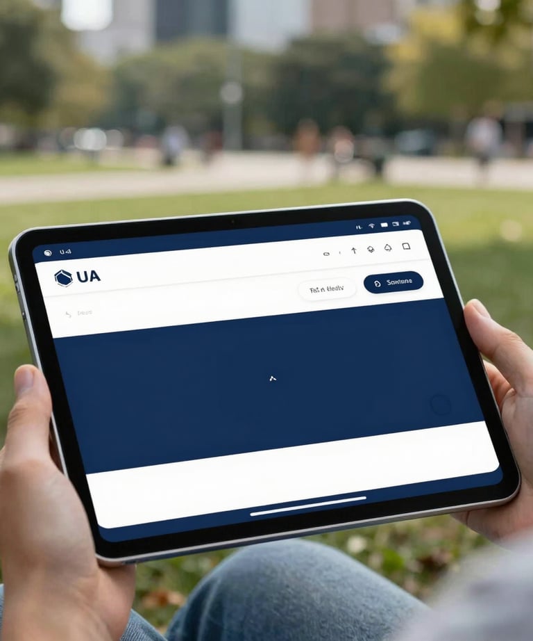 Action shot of a user in a North American / US city park using a tablet app. The lighting is bright and natural. The tablet screen features a sleek, sophisticated interface with navy blue and ice white colors.
