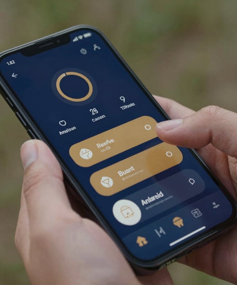 Close-up photography of a user's hands navigating a sleek Android app. The interface uses a deep navy blue background with amber gold accents. North American / US outdoor lighting.
