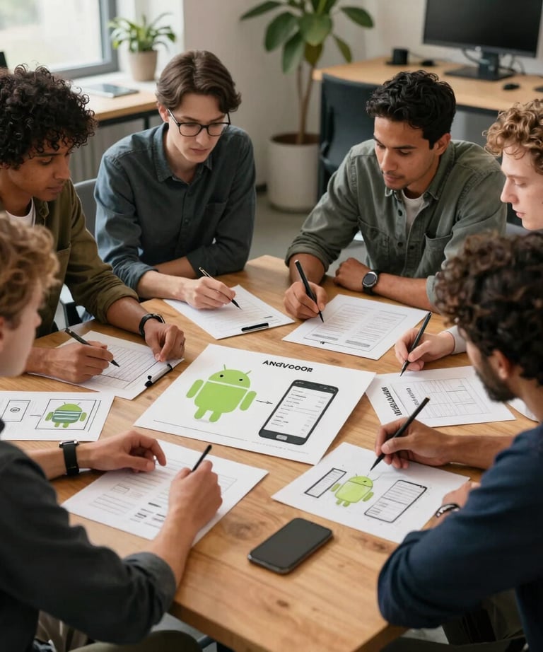 A diverse group of designers collaborating around a wooden table in a North American / US creative studio. They are looking at Android app sketches. The atmosphere is sophisticated and approachable.