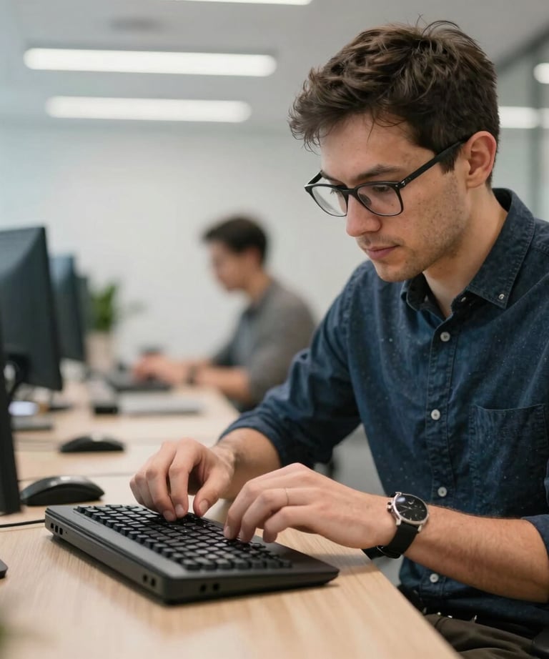Candid photo of a tech lead working on an Android development kit in a modern North American / US office. The focus is on precision and professional expertise.