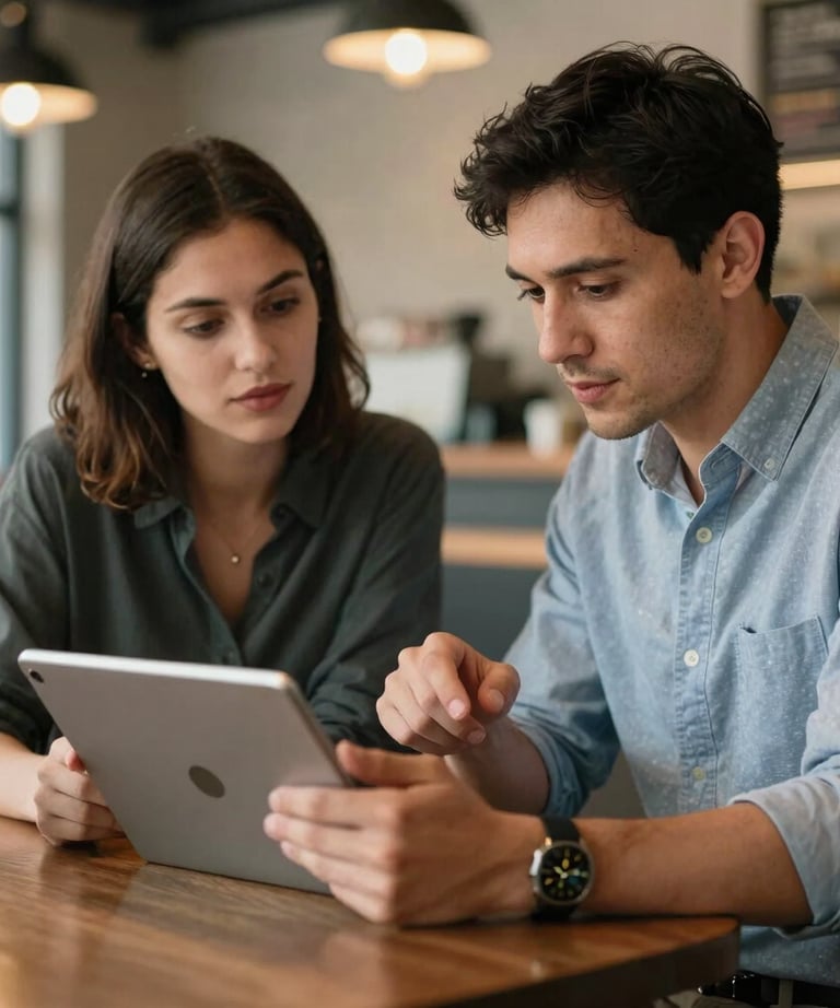 A lifestyle shot of two professionals in a North American / US coffee shop discussing a mobile app on an Android tablet. The mood is sophisticated yet approachable.