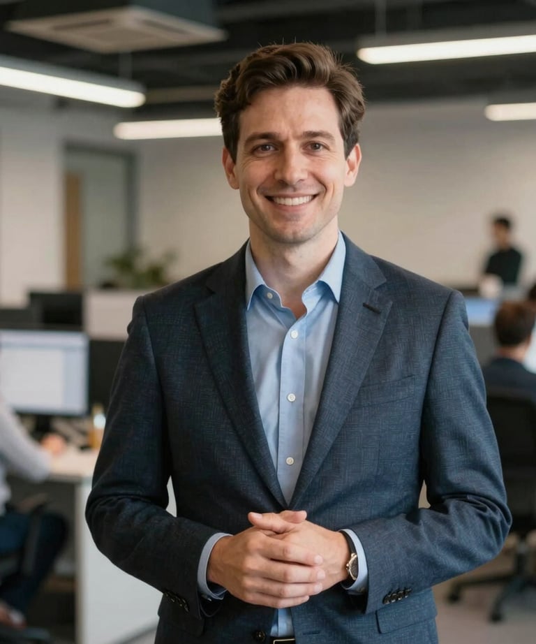 Professional portrait of a design strategist in a North American / US tech office. The lighting is sophisticated and the atmosphere is welcoming and innovative.