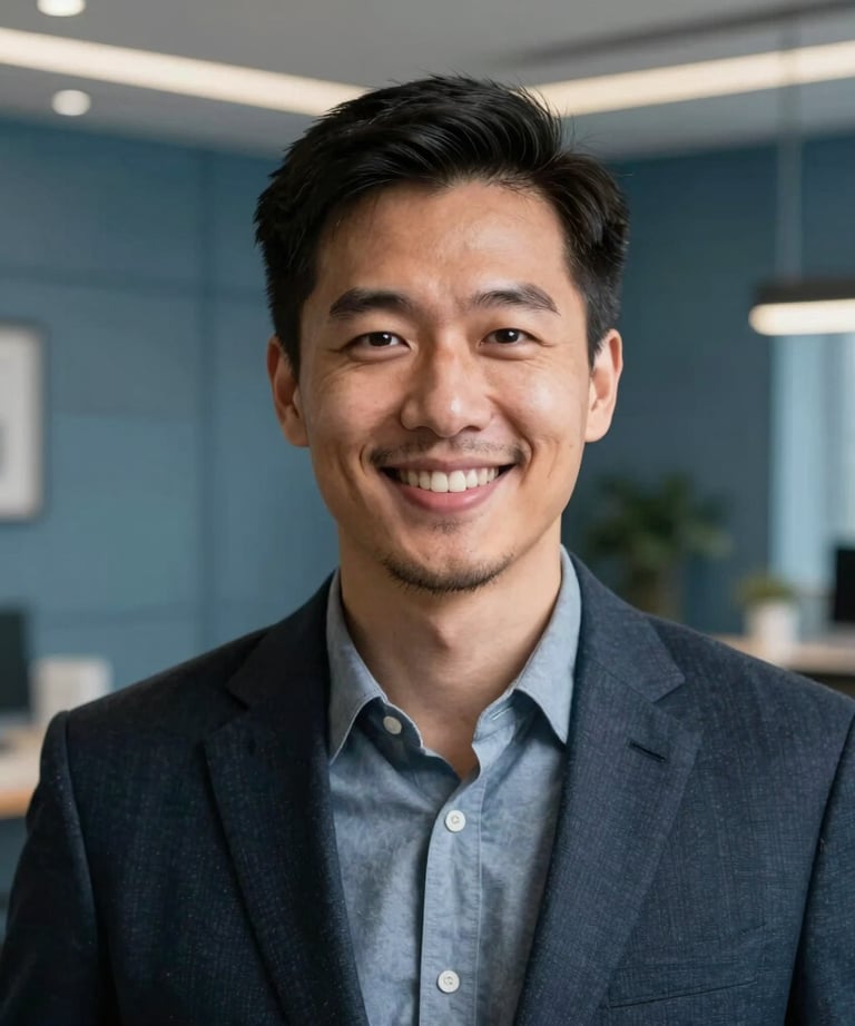 A portrait of a tech professional in a North American / US setting, smiling warmly. The background is a modern, sophisticated studio space with slate blue walls and soft lighting.