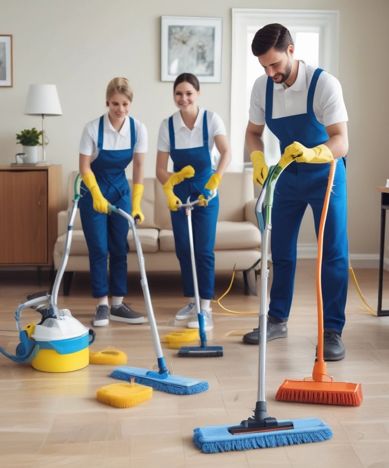 A sparkling clean office space with polished desks and shining floors.