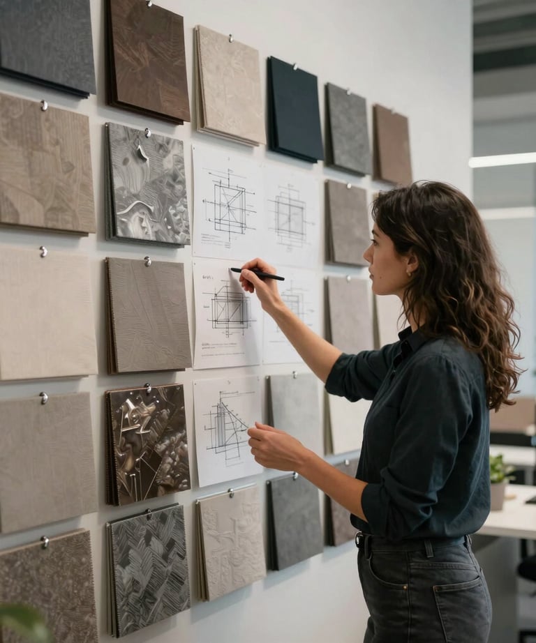 A photograph of a woman in a North American design office, standing in front of a wall covered in fabric samples, metal finishes, and structural sketches.