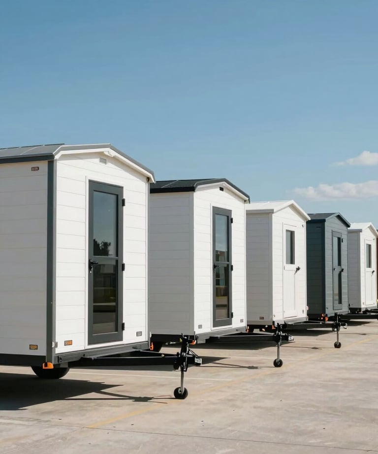 A photography of a group of modern, minimalist tiny homes on trailers, lined up in a neat row at a US fabrication facility under a bright blue sky.