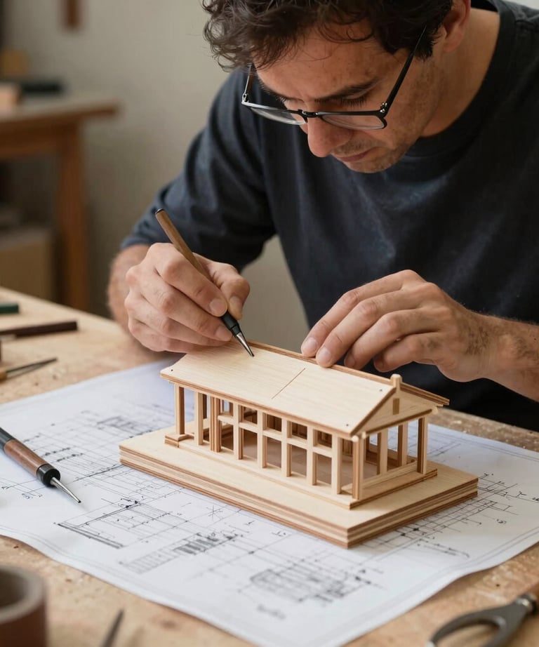 A photograph of a master craftsman in a North American workshop, focused on assembling a complex wooden architectural model with precision tools and blueprints nearby.