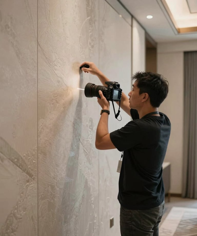 A candid shot of a professional photographer in a US luxury residence, adjusting lighting to capture the texture of a custom-designed interior wall.