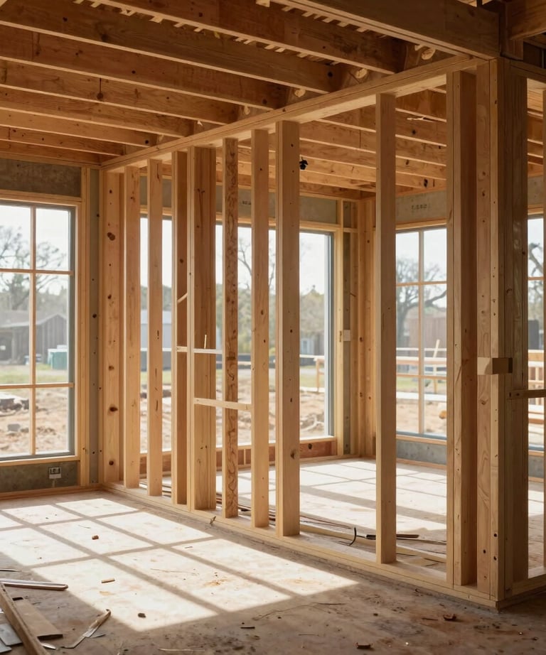 A detailed photograph of a North American construction site showing high-end interior framing for a custom residence, with soft natural light streaming through large window openings.