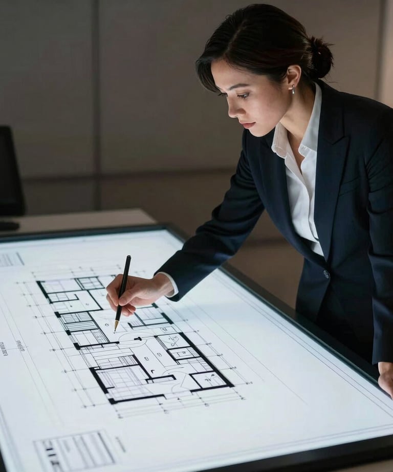 A photo of a professional woman in North American business attire looking over a large digital architectural drafting table showing structural blueprints.