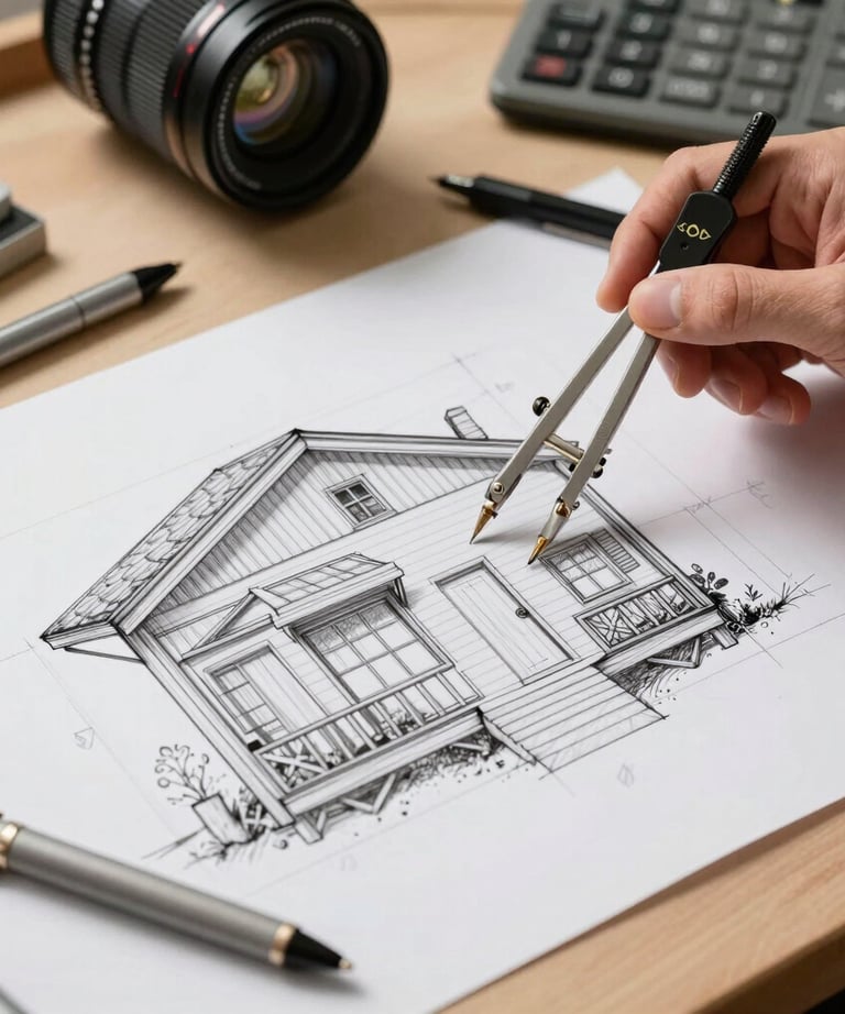 A close-up of a hand-sketched architectural drawing of a tiny home layout on a drafting table, with high-quality pens and a compass in a North American studio.
