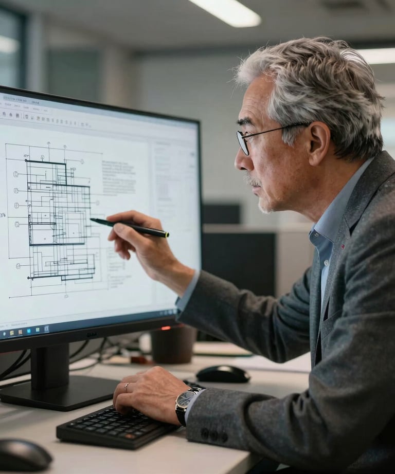 A photo of a senior project manager in a US office environment, reviewing technical drawings on a large monitor with a focused, expert expression.