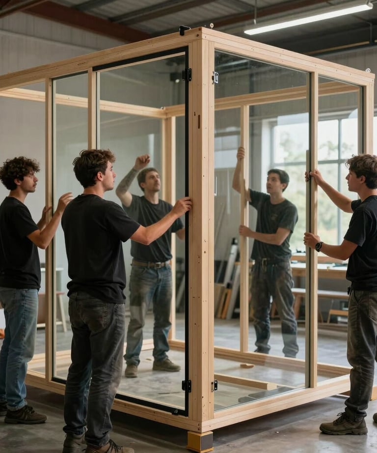 A photograph of a fabrication team in the North American region working together to install large glass panels into a custom tiny home frame.