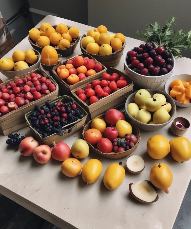 Freshly picked fruits arranged on a wooden table with natural light highlighting their vibrant colors.