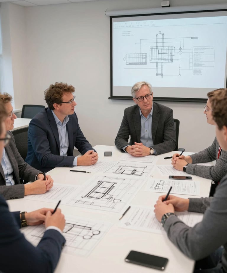Close-up of detailed technical drawings and blueprints on a desk with a pencil.