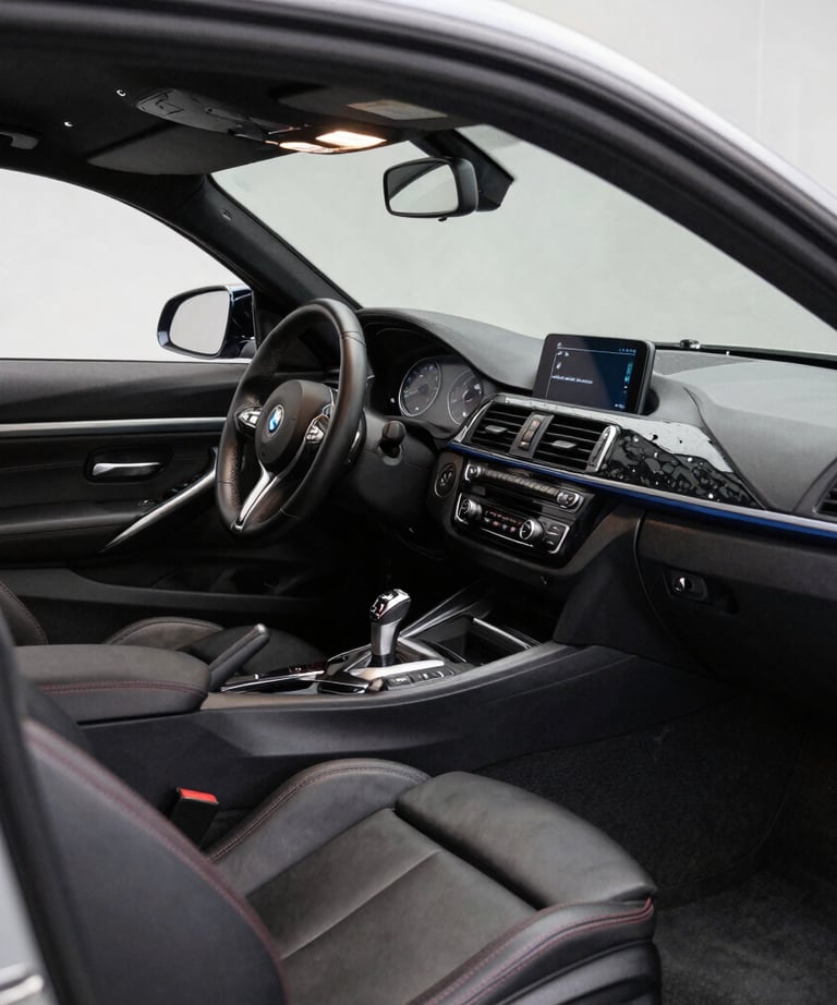 Close-up of a polished steering wheel and dashboard of a high-end vehicle with ambient lighting.