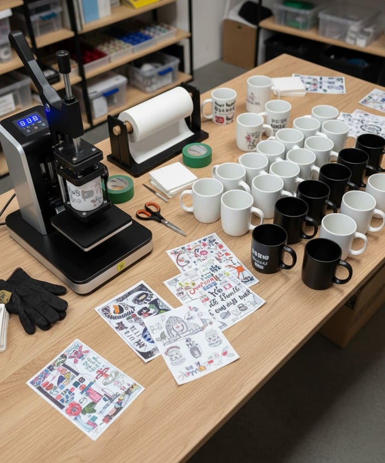 mesa de trabajo de sublimacion con tazas blancas y negras para sublimar,sublimadora,cintas termicas