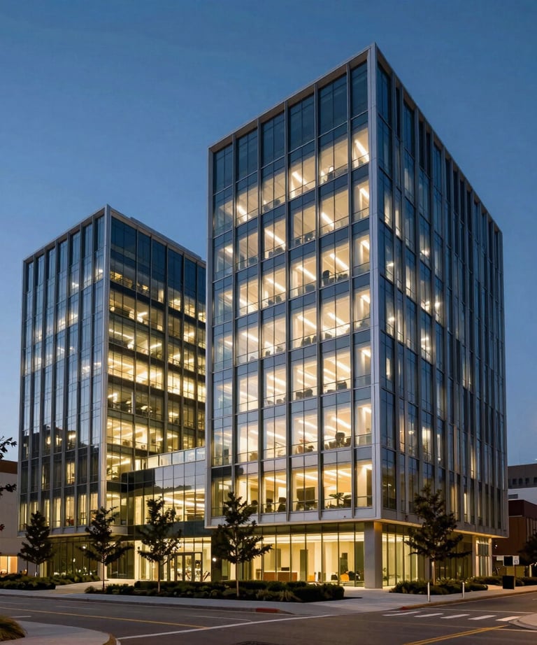 A sophisticated modern office building in a US research park, photographed at twilight with blue sky and glowing warm interior lights.