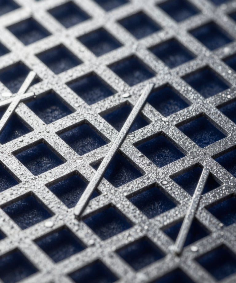 A micro-photograph of a crystal lattice structure, showing high-contrast geometric patterns in silver and deep navy.