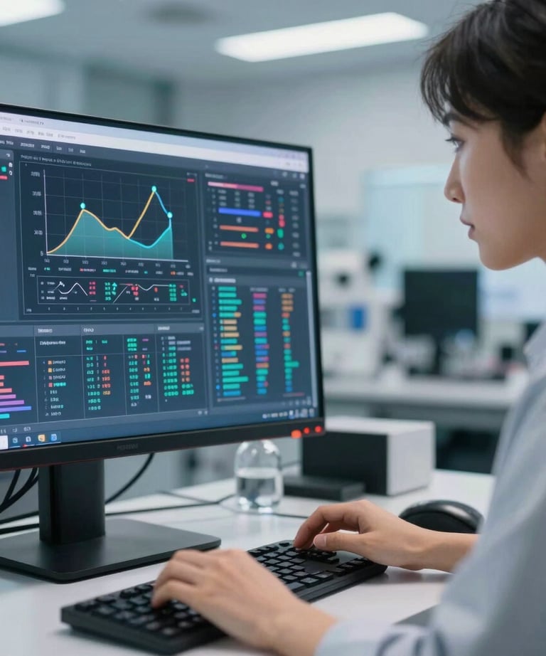 A close-up, professional photograph of a North American data scientist, possibly male or female, focused intently on a large, high-resolution monitor displaying intricate computational models, scientific graphs, and complex data visualizations. The scientist's hands are positioned as if interacting with a keyboard or holographic interface. The background is a modern, clean, and well-lit research laboratory with subtle, out-of-focus scientific equipment. Lighting is bright and analytical, with cool tones emanating from the screen. Realistic, high-definition style, conveying precision and intellectual rigor. No graphics, icons, or logos.