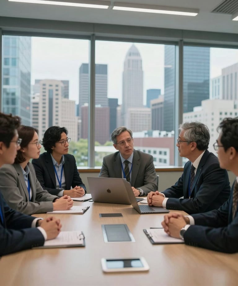 A group of researchers in a conference room with glass walls overlooking a modern US city skyline, engaged in a deep technical discussion.