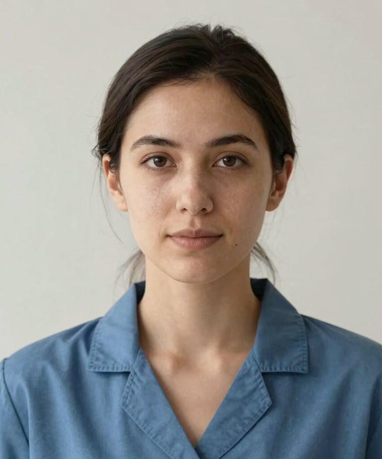 Professional headshot of a female researcher in a slate blue blazer, looking confident and intelligent against a neutral off-white background.