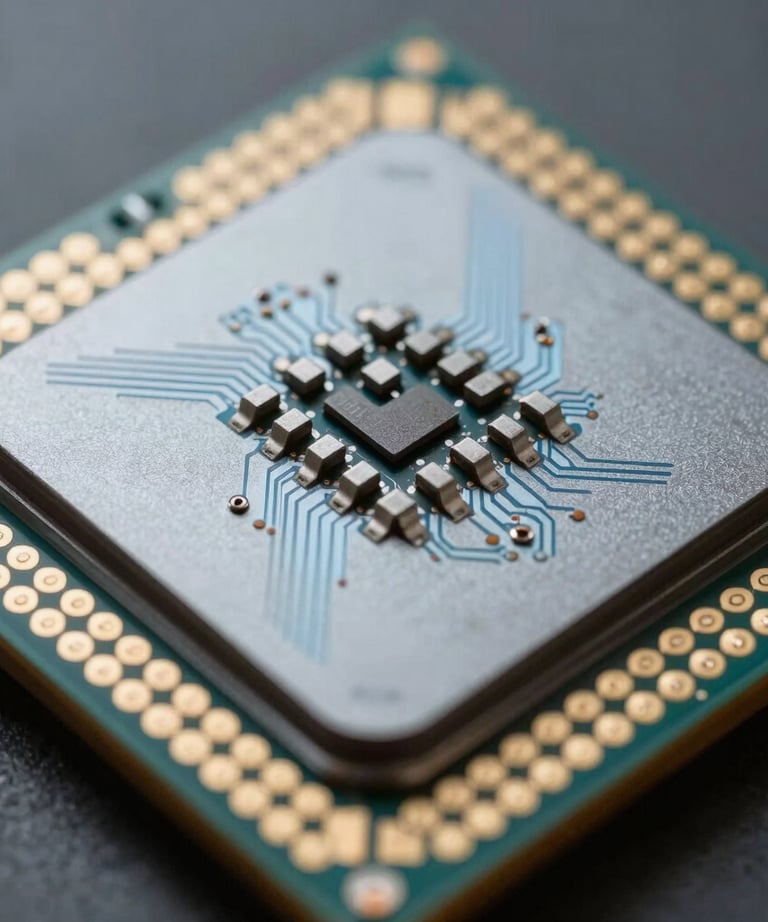 A clean, macro photograph of a high-tech processor chip used in scientific computing, highlighting intricate paths in metallic grey and light blue.