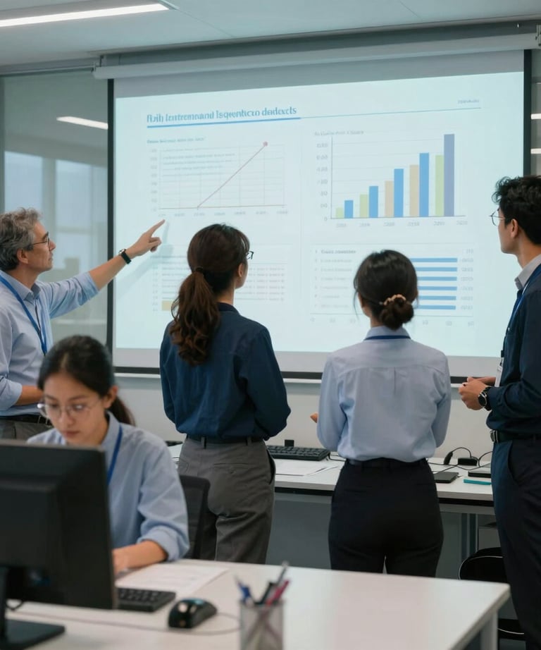 A collaborative workspace in a US research institute, showing a diverse team in professional attire discussing statistical charts projected on a frosted glass wall.
