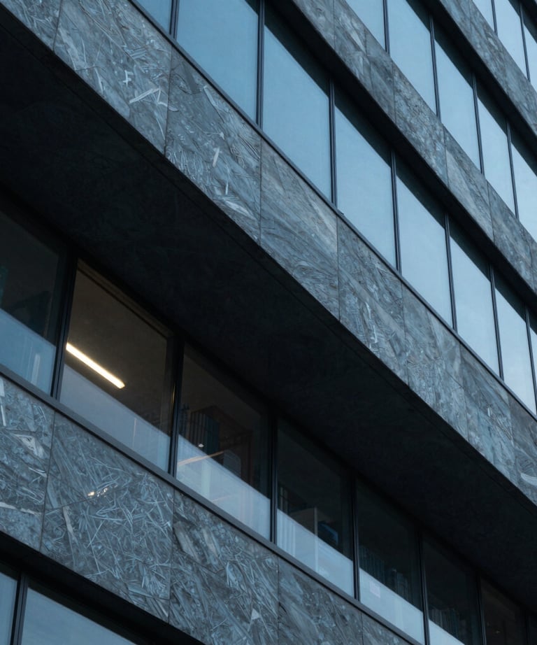 A high-contrast photograph of an architectural detail on a modern research library, featuring sharp angles and slate blue glass.
