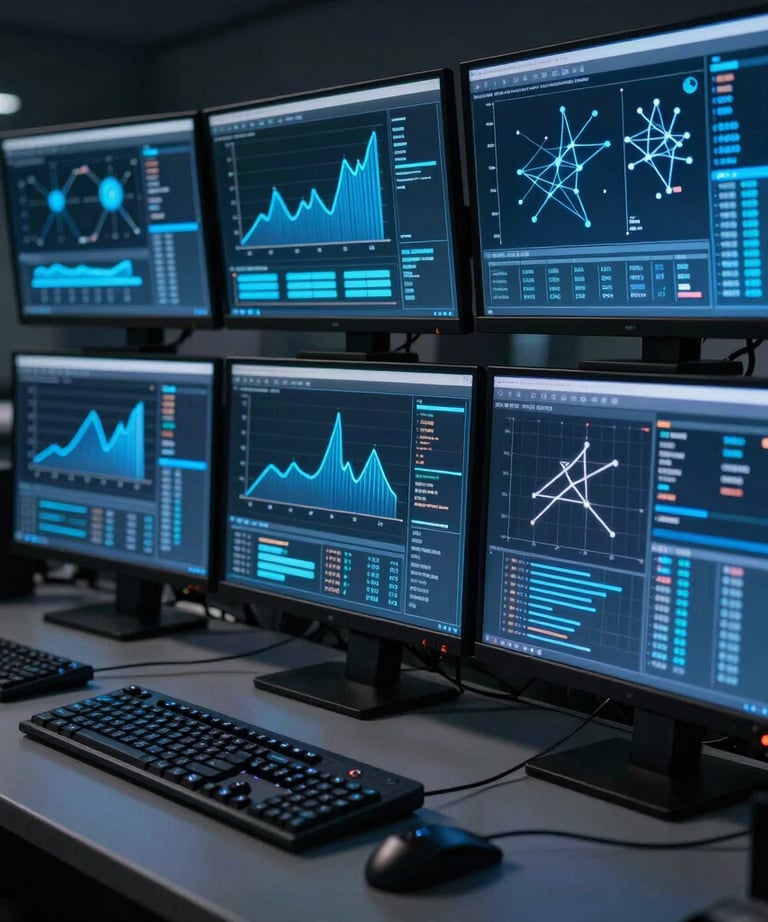 A series of high-resolution monitors in a dark control room showing glowing blue mathematical graphs and data visualizations.