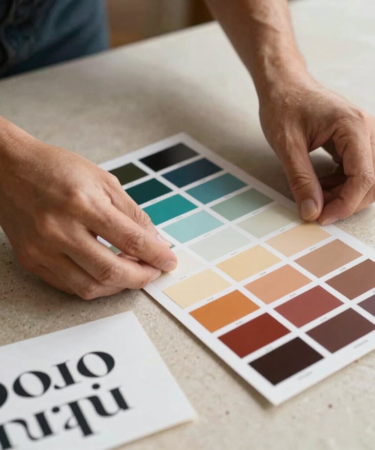 Close-up of a designer's hands arranging color swatches and typography samples on a light stone surface, South American / Brazilian aesthetic.
