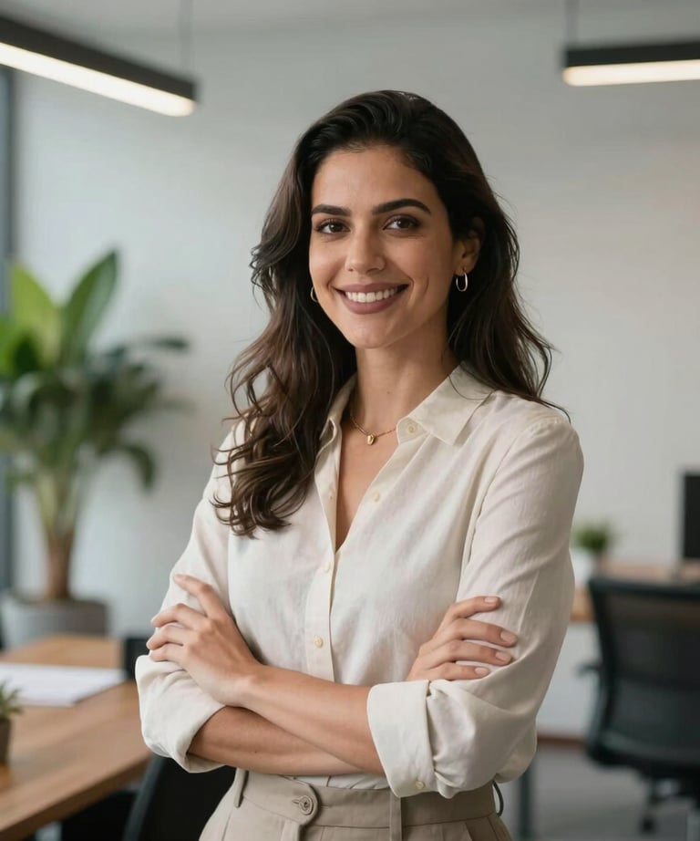Elegant portrait of a creative professional woman in Brazil, smiling in a modern office with minimalist decor and green plants.