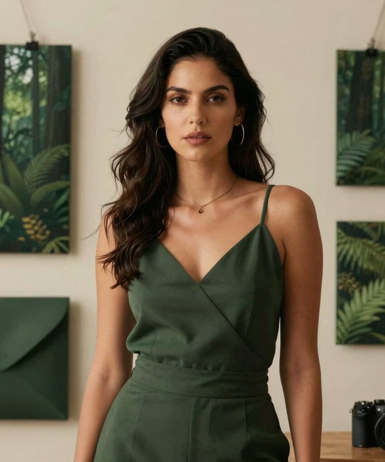 Portrait of a sophisticated South American / Brazilian woman in a minimalist design studio setting, surrounded by forest green branding materials, warm soft lighting.