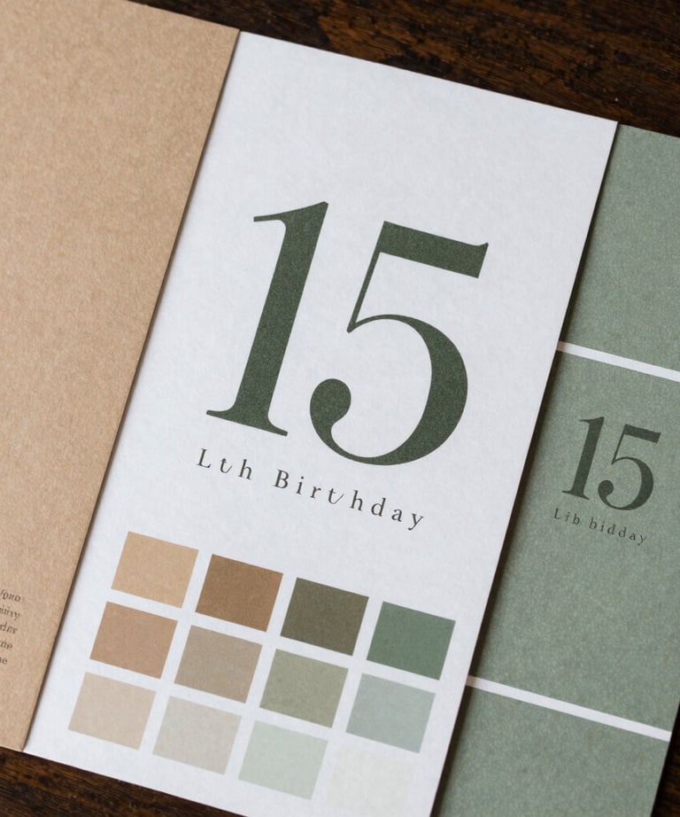 A beautiful arrangement of brand identity elements for a 15th birthday party, including typography sheets and color swatches in tan and sage green.