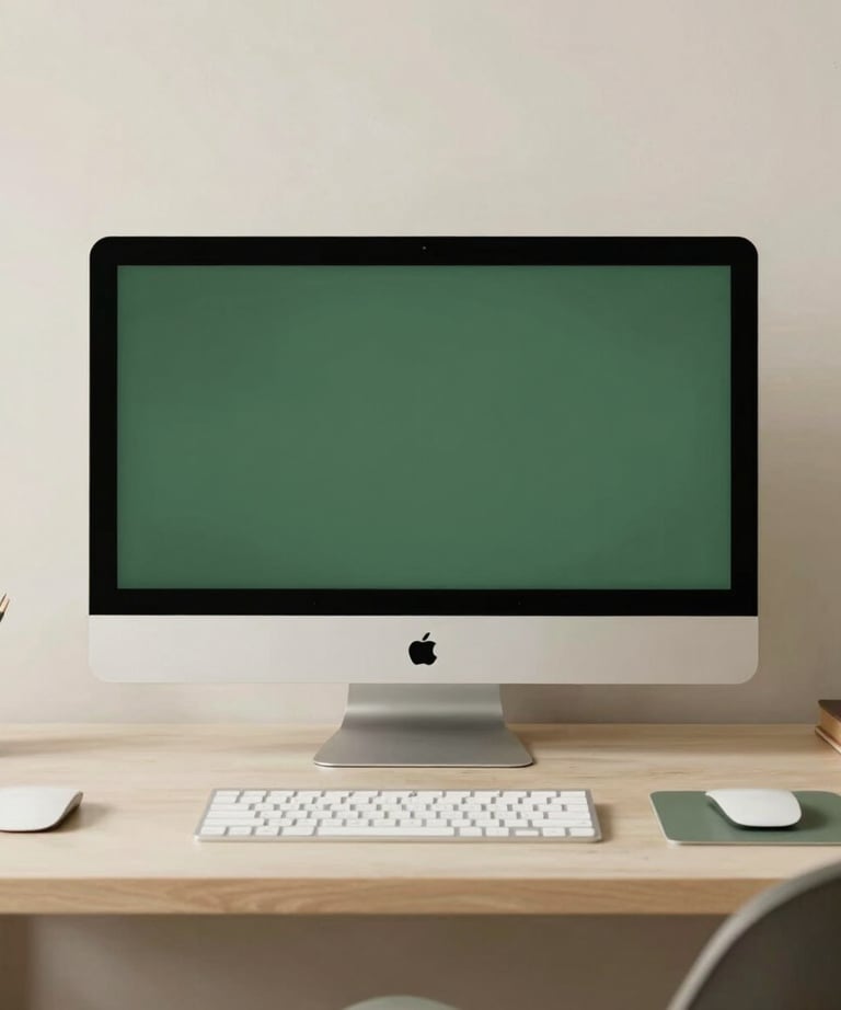 Minimalist workspace of a brand designer in Brazil, with forest green and cream elements, soft natural lighting, elegant and clean composition.