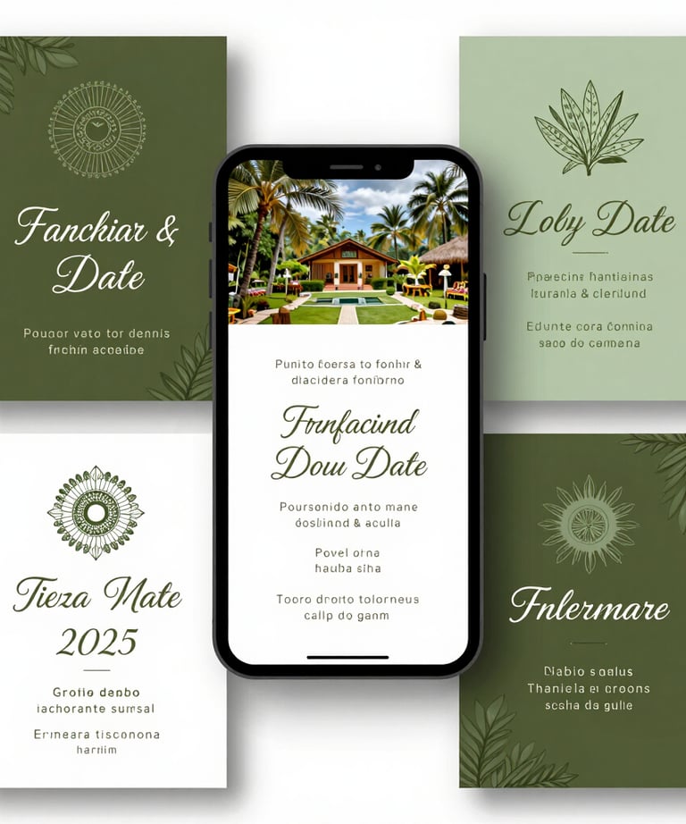 A collection of digital save the date and invitation designs displayed on an elegant mobile device and printed paper, featuring sage green and forest green motifs, South American / Brazilian wedding context.