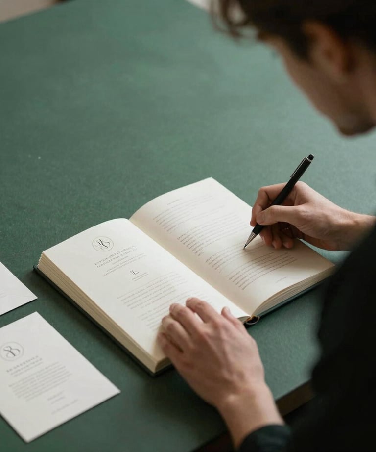 Two professionals in a refined studio discussing a brand manual layout, focusing on elegant wedding stationery, forest green and cream environment.