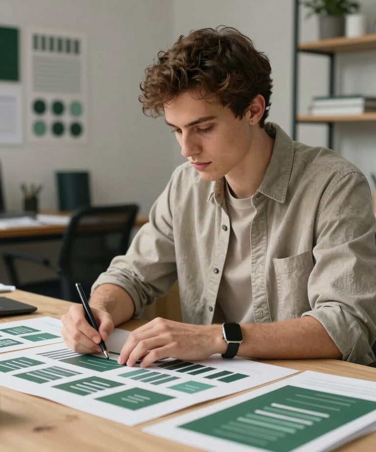 Portrait of a young male designer in a creative studio, dressed in neutral tones, working on a branding project with forest green accents.