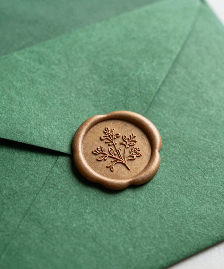 Close-up of a wax seal with a custom floral monogram on a forest green envelope, part of a luxury wedding stationery set in Brazil.