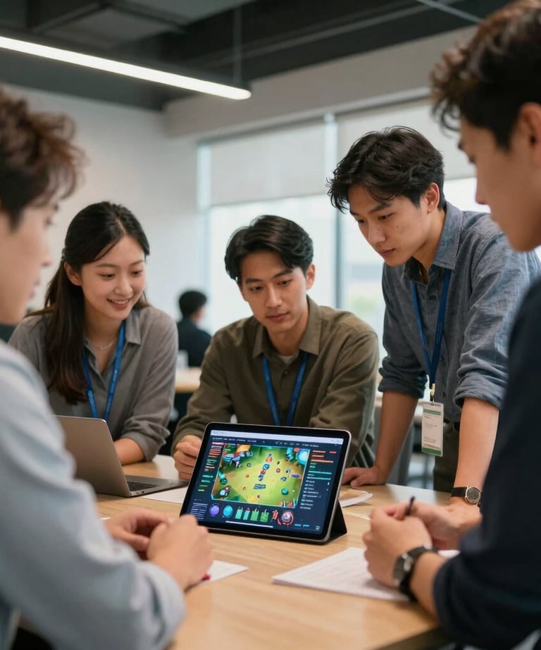 A candid group shot of tech professionals in a modern North American US office, collaborating over a tablet displaying a game UI design.