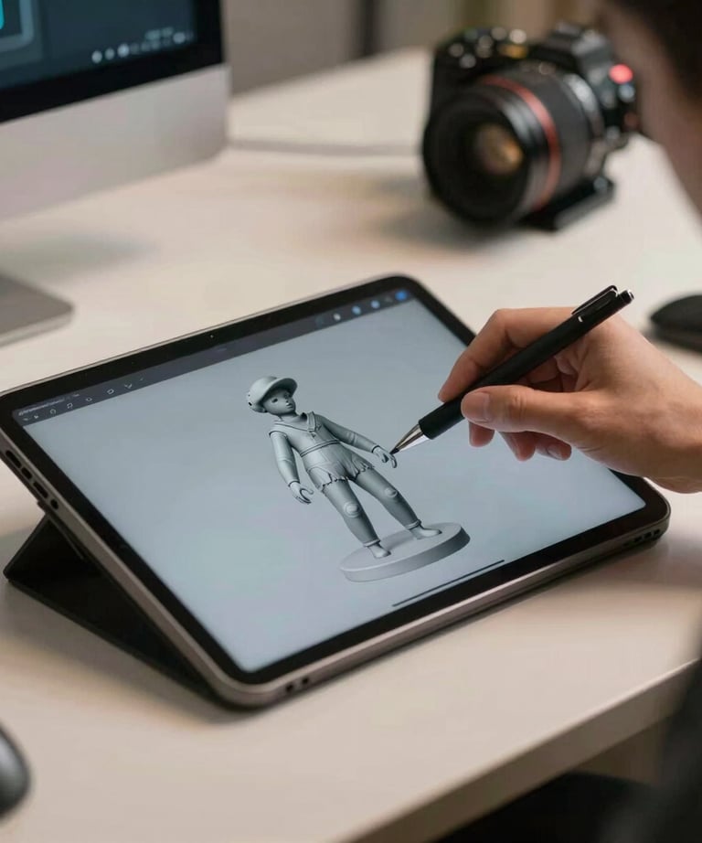 Action shot of a game designer adjusting a 3D model on a high-end tablet, North American US modern interior.