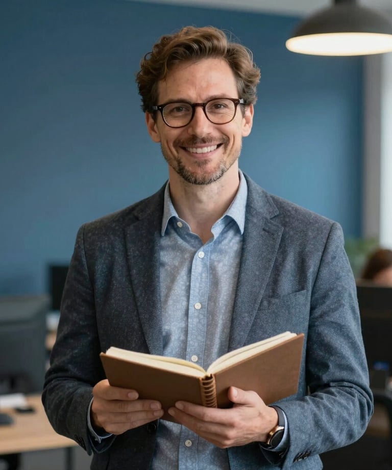Portrait of a professional project manager in a bright North American US creative agency setting, holding a notebook, slate blue background.